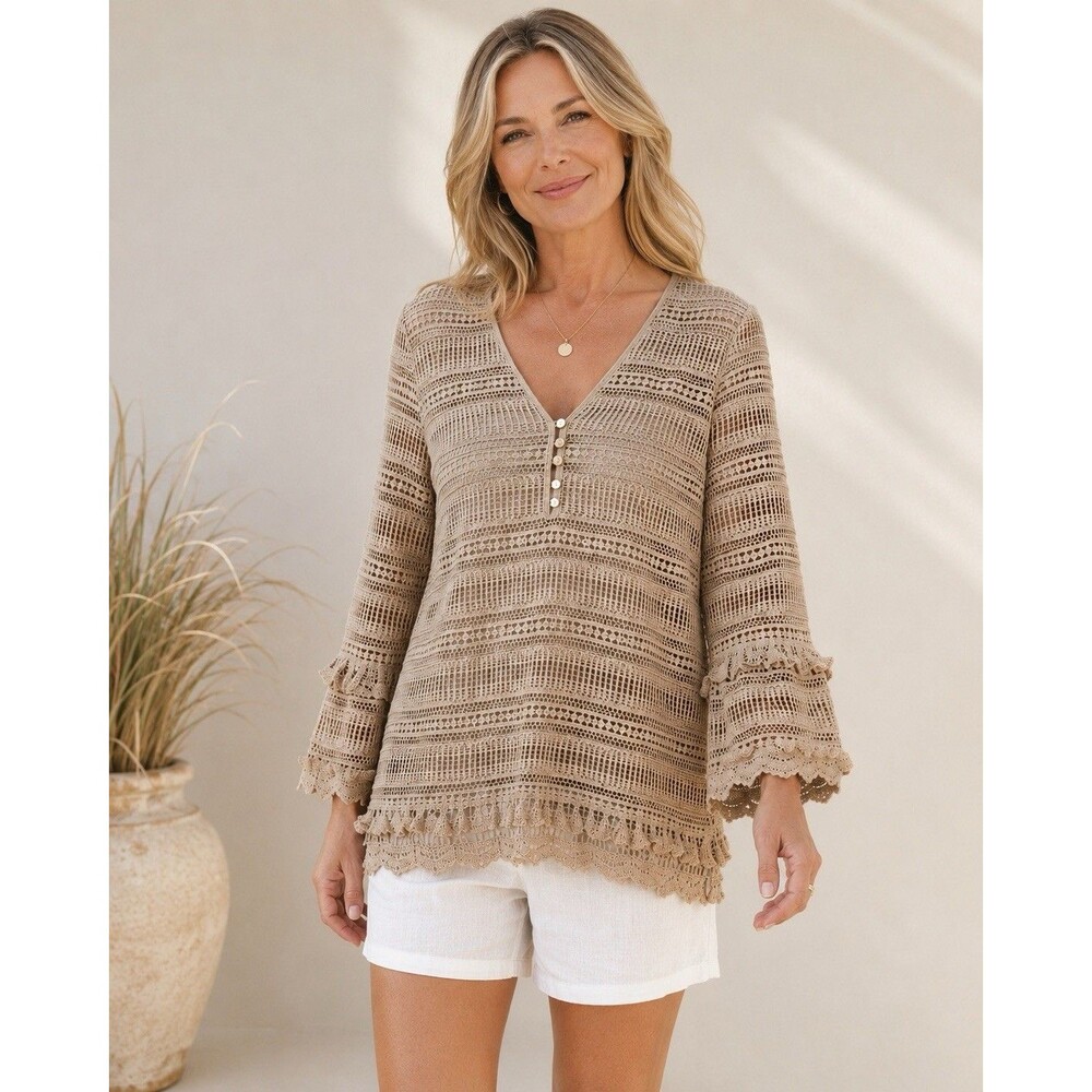 Soft Surroundings Adelita Crochet Lace Tunic Cuban Sand L NWT Boho Tassel